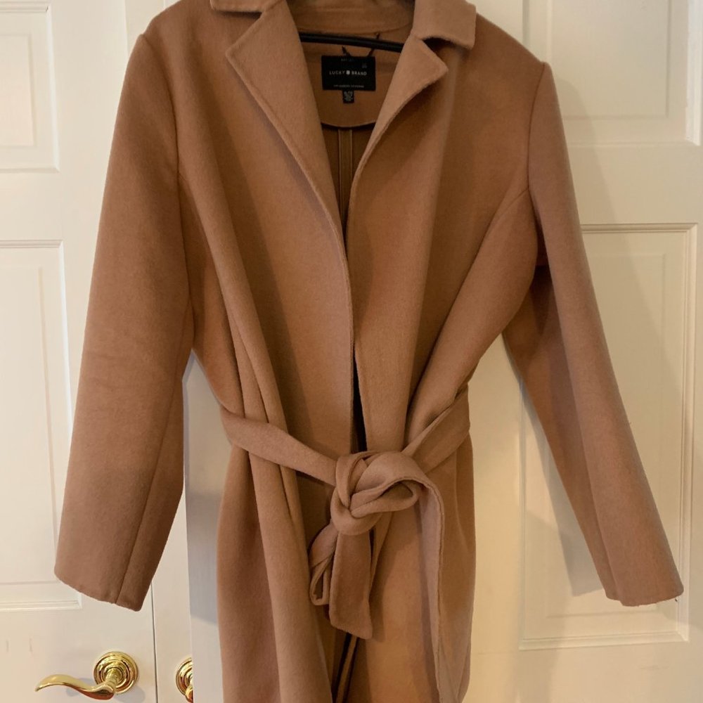 Lucky Brand Camel Wool Blend Wrap Trench Coat